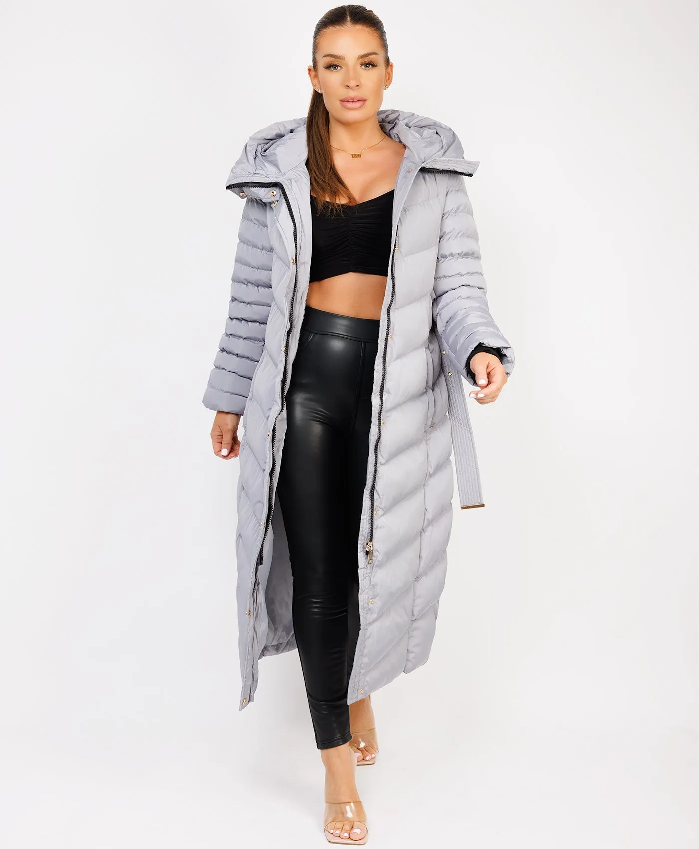 Grey Longline Padded Full Length Belted Puffer Coat Jacket