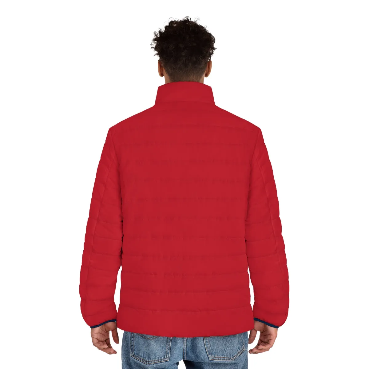 Hot Red Color Men's Jacket, Best Regular Fit Polyester Men's Puffer Jacket With Stand Up Collar (US Size: S-2XL)