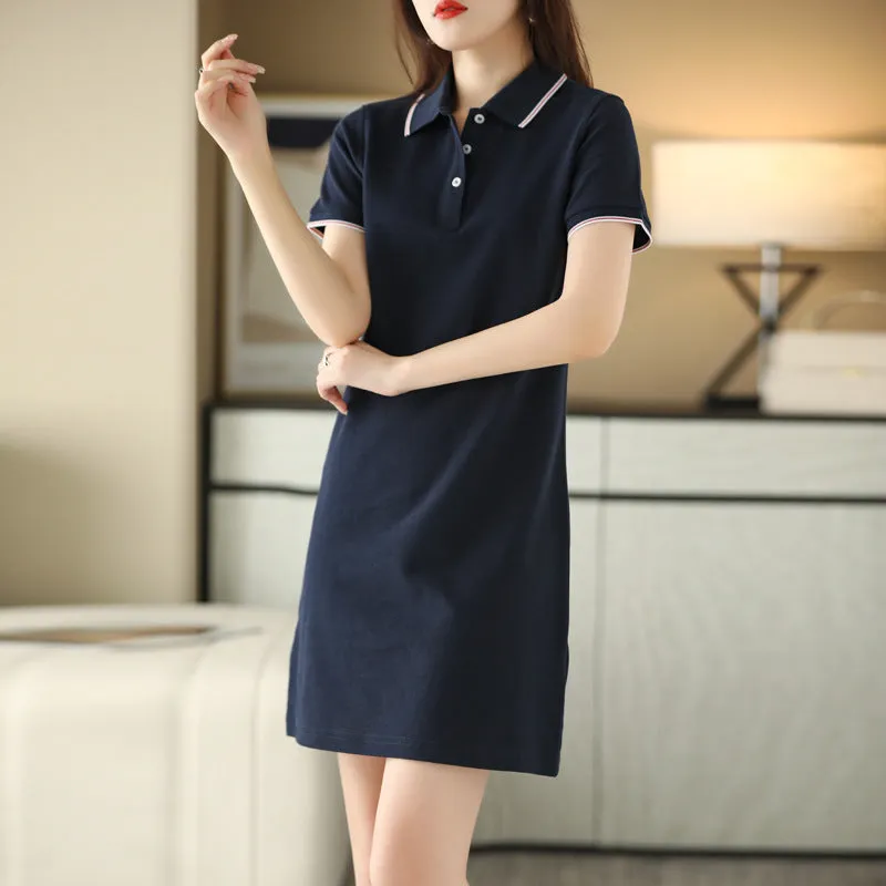 IKEARLAX Polo Collar Mid-Length Dress Women's Summer New Casual All-Matching A- line Skirt Simple Elegant Thin Lapels Skirt