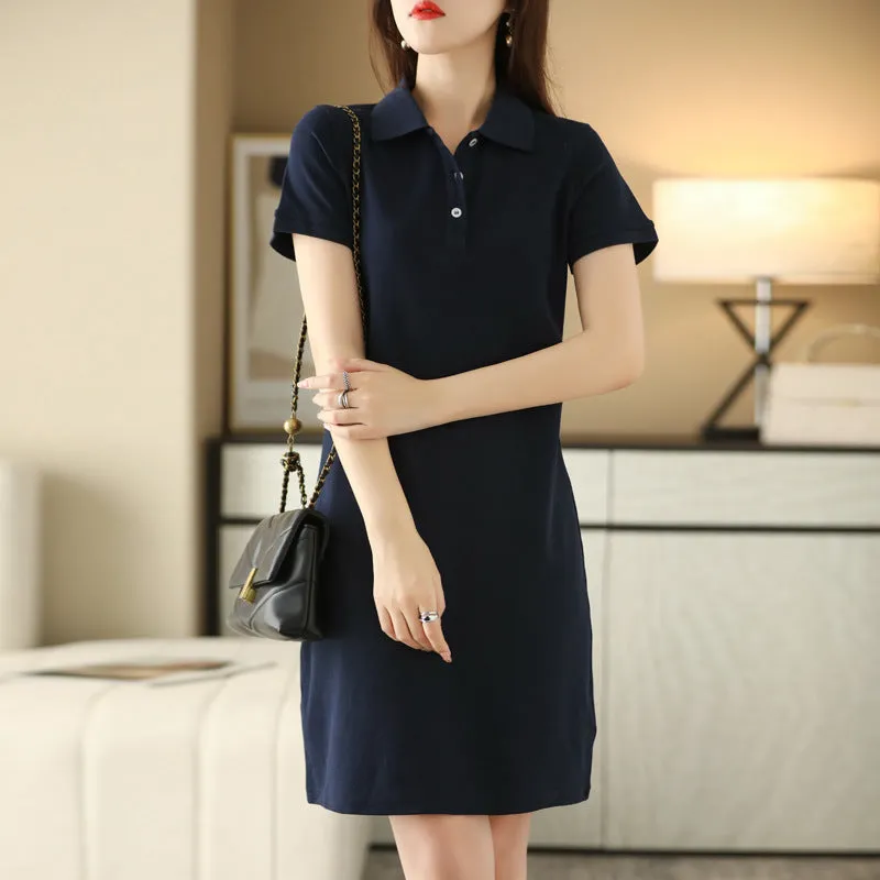 IKEARLAX Polo Collar Mid-Length Dress Women's Summer New Casual All-Matching A- line Skirt Simple Elegant Thin Lapels Skirt