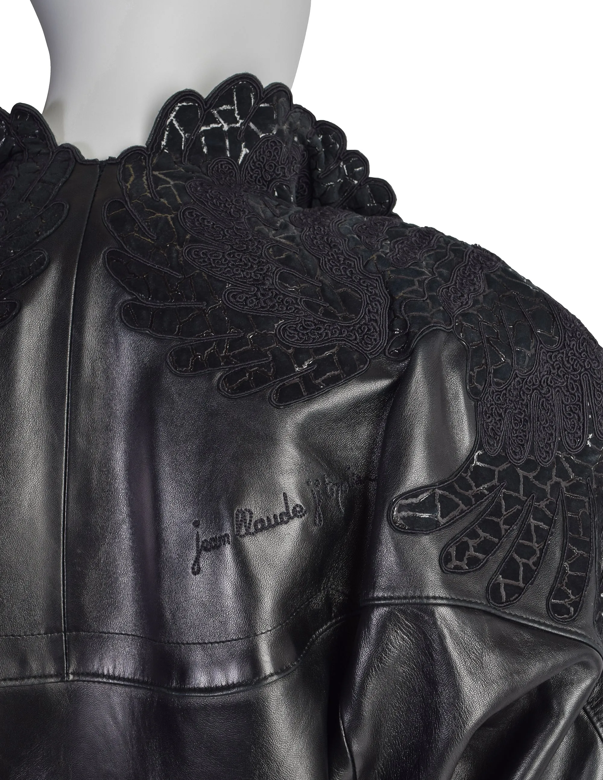 Jean Claude Jitrois Vintage Black Leather Embroidered Applique Jacket