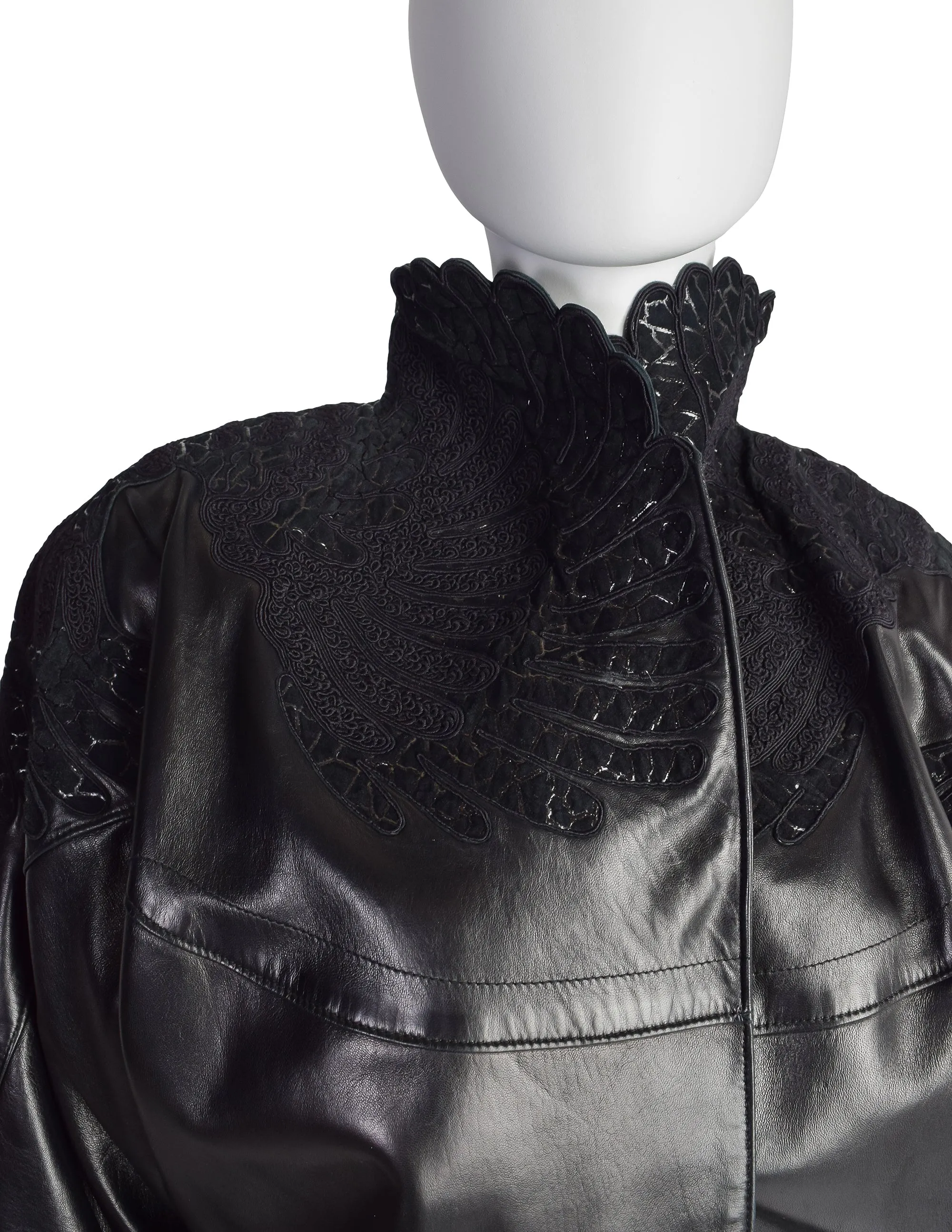 Jean Claude Jitrois Vintage Black Leather Embroidered Applique Jacket