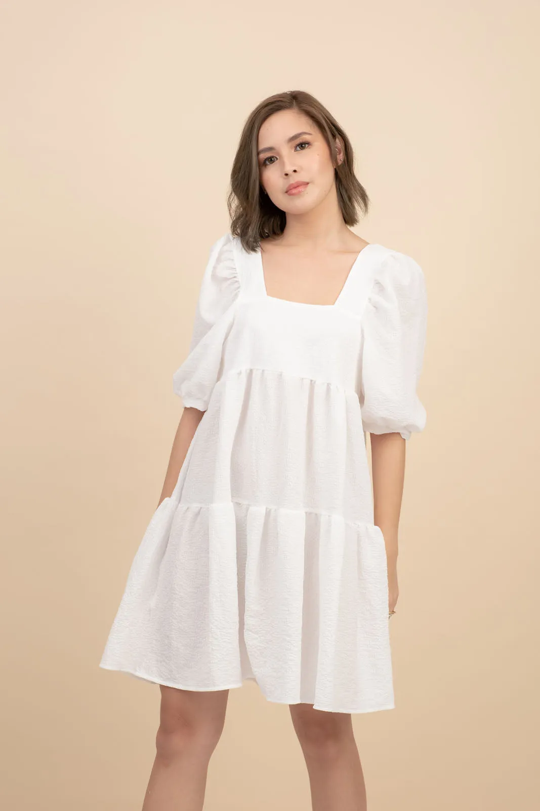 Kattie White Babydoll Dress Textured Fabric