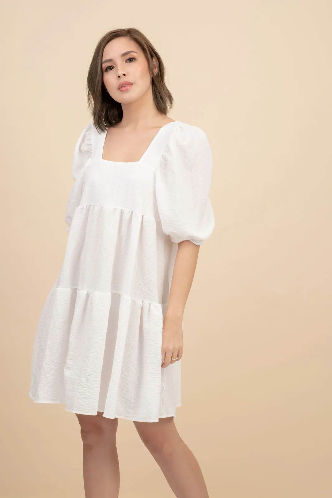 Kattie White Babydoll Dress Textured Fabric