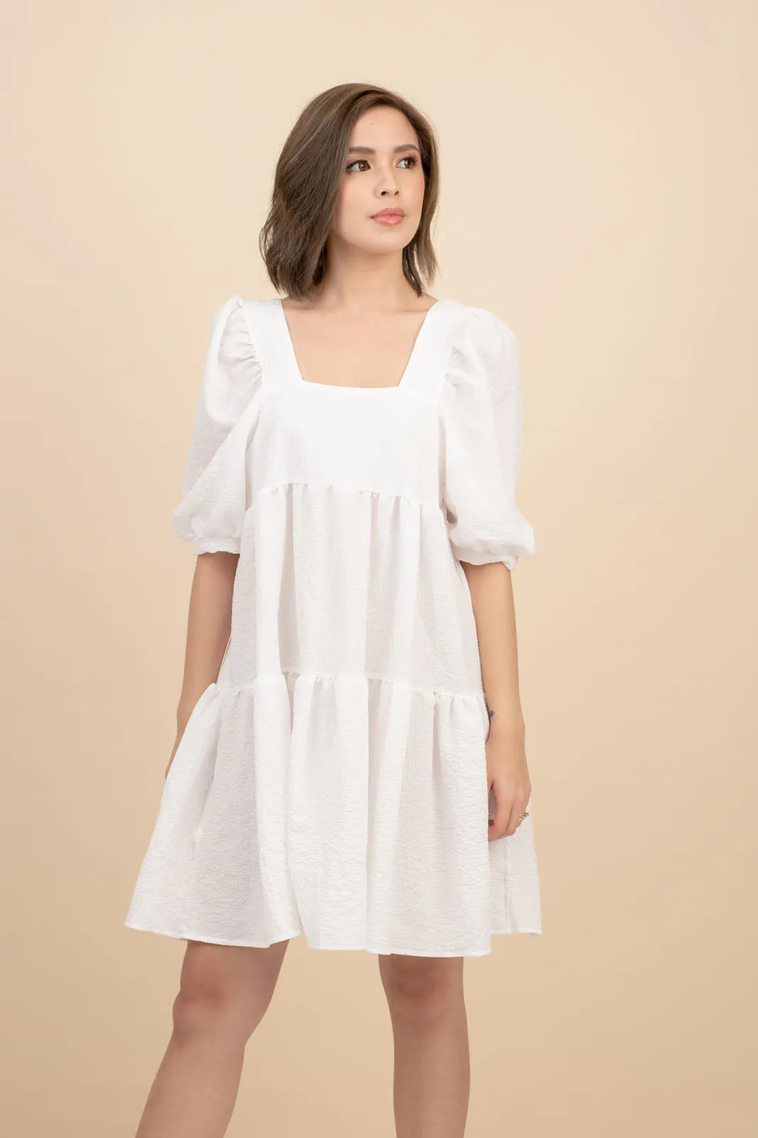 Kattie White Babydoll Dress Textured Fabric