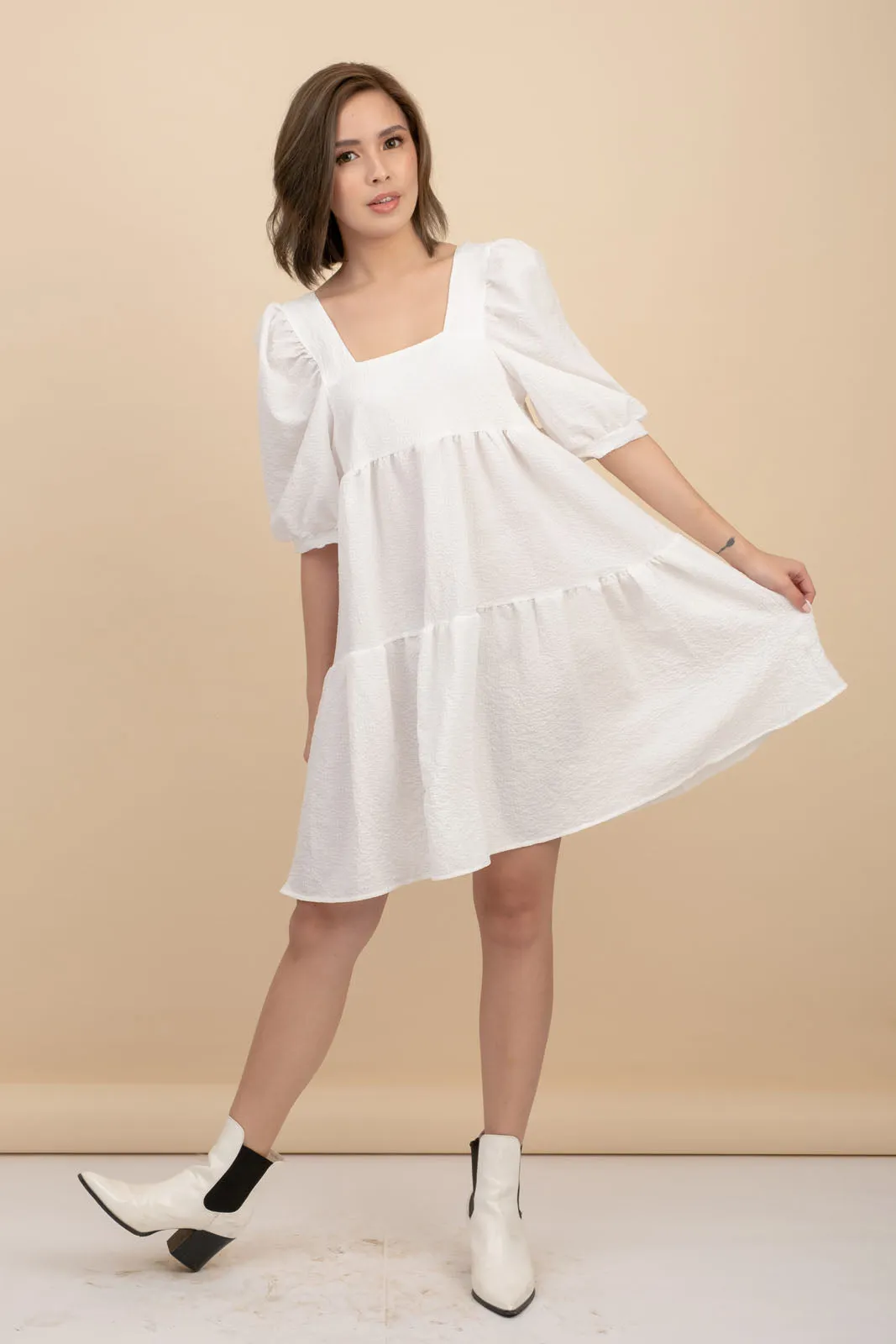 Kattie White Babydoll Dress Textured Fabric