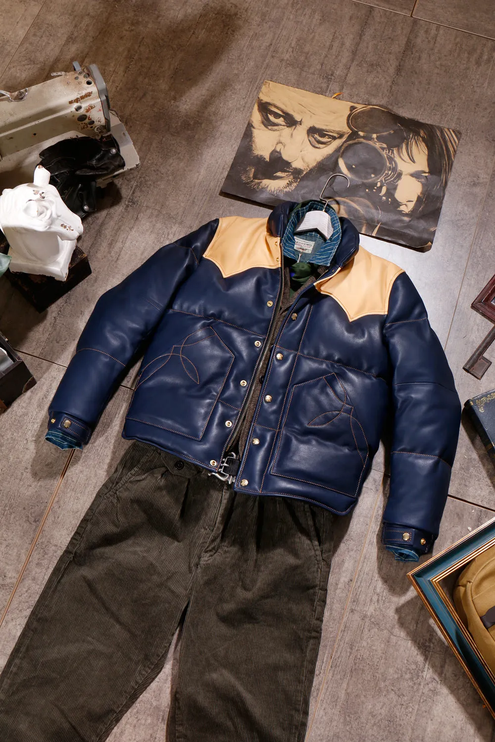 Men's Blue Designer Puffer Leather Jacket - Brando