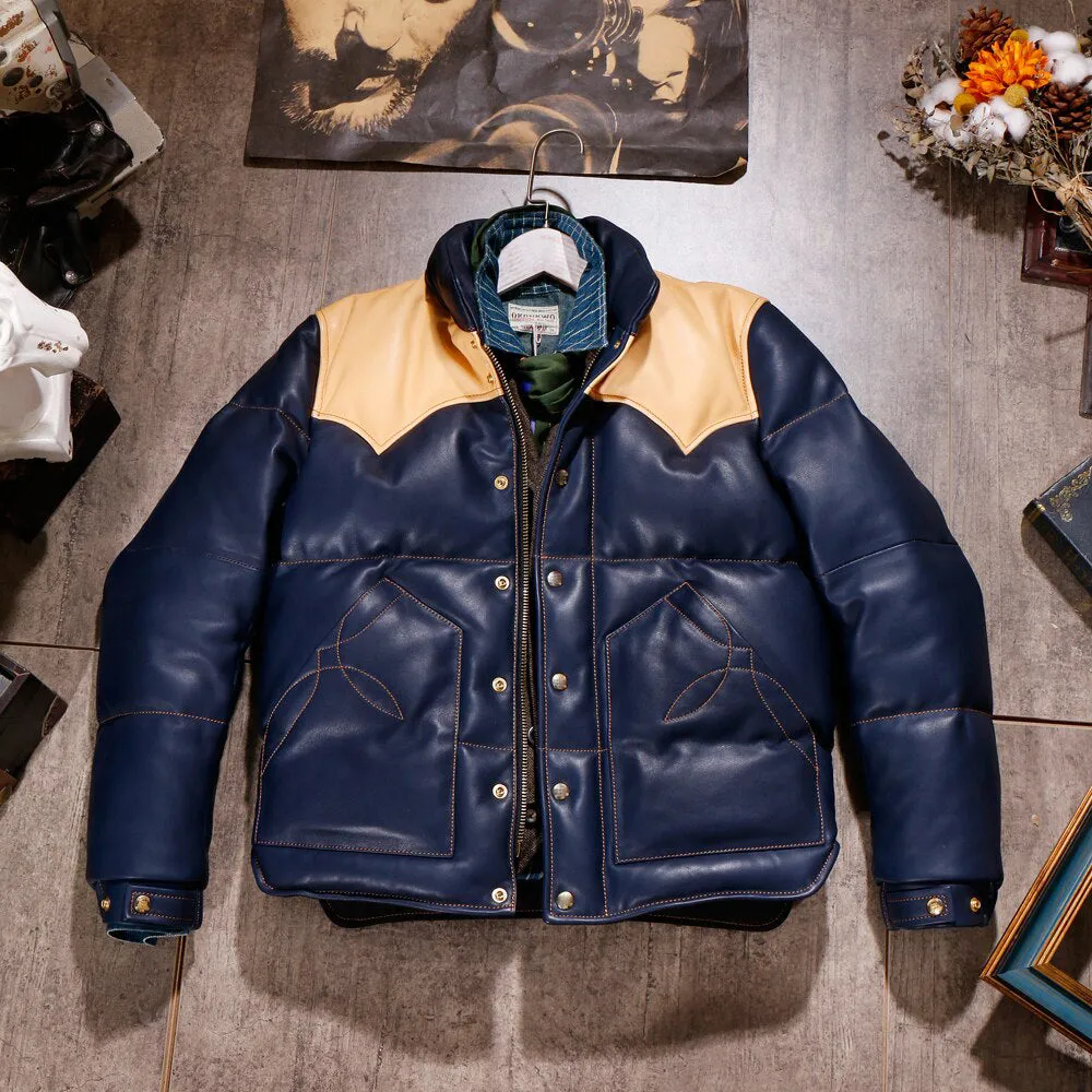 Men's Blue Designer Puffer Leather Jacket - Brando