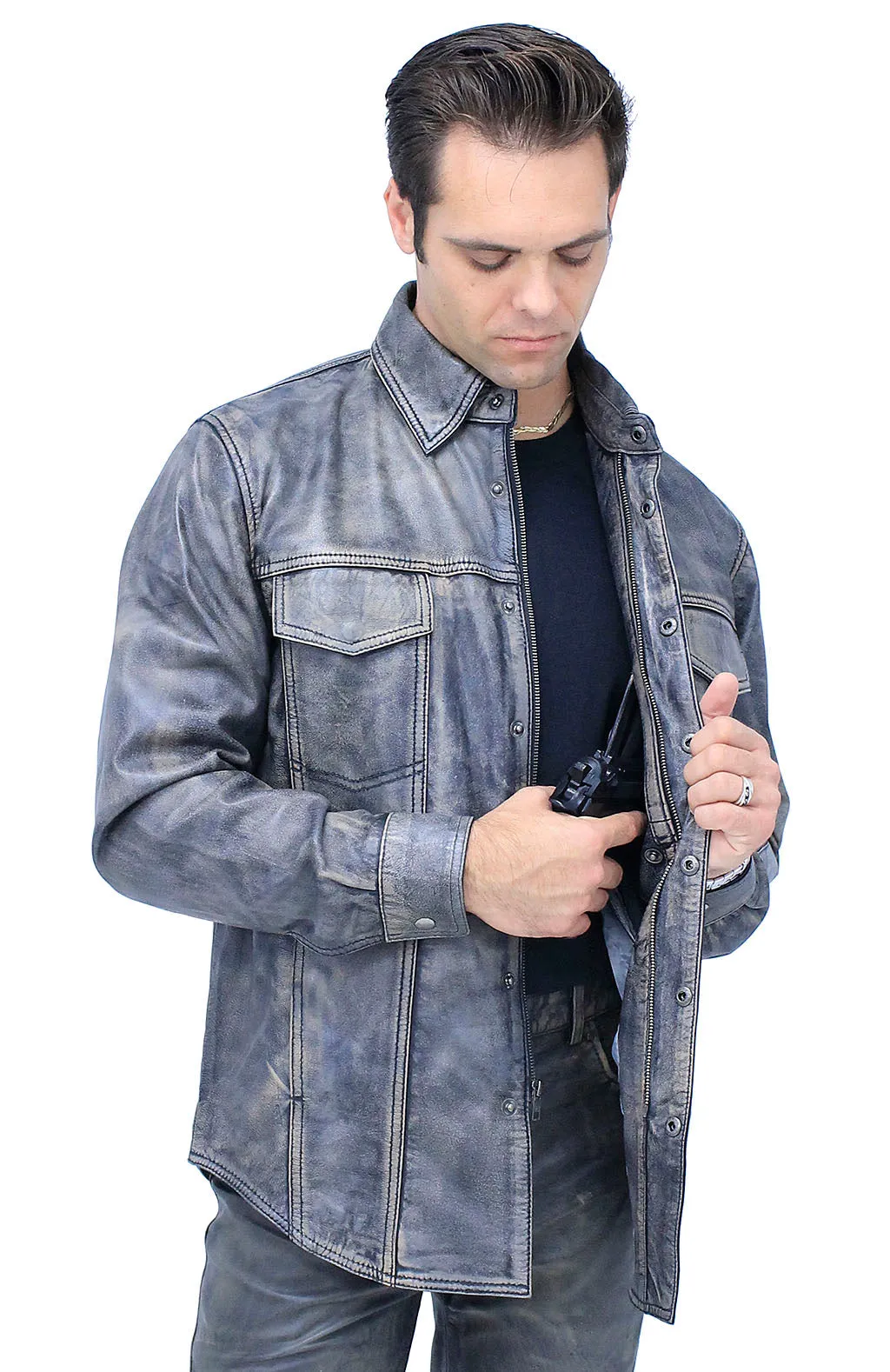 Men's Leather Shirt in Taupe/Black Vintage Lambskin #MS24807GK -