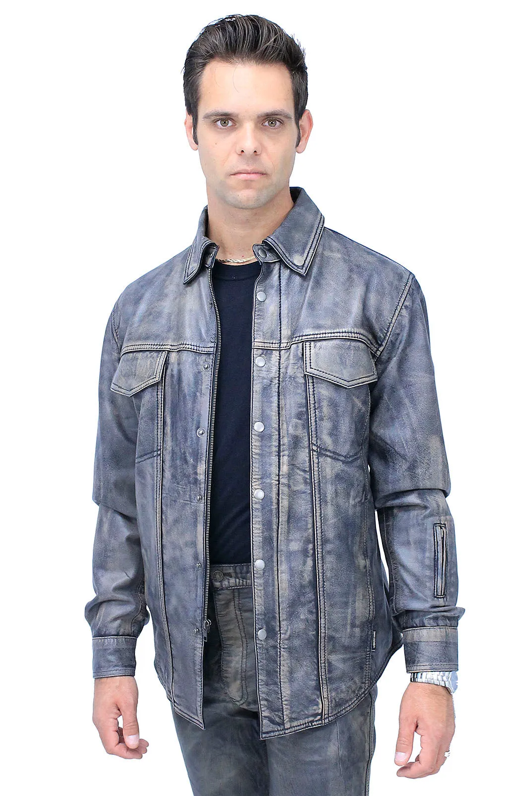 Men's Leather Shirt in Taupe/Black Vintage Lambskin #MS24807GK -