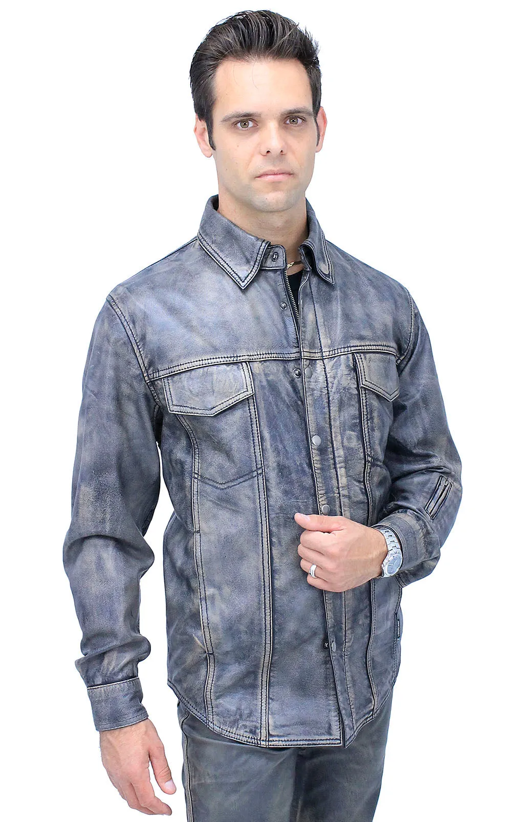 Men's Leather Shirt in Taupe/Black Vintage Lambskin #MS24807GK -