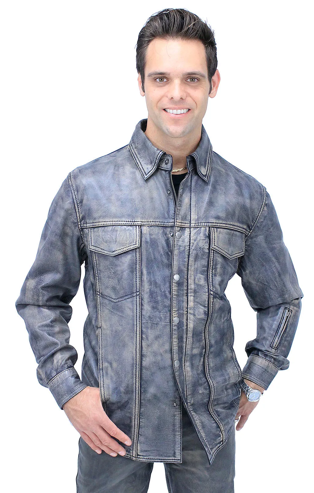 Men's Leather Shirt in Taupe/Black Vintage Lambskin #MS24807GK -