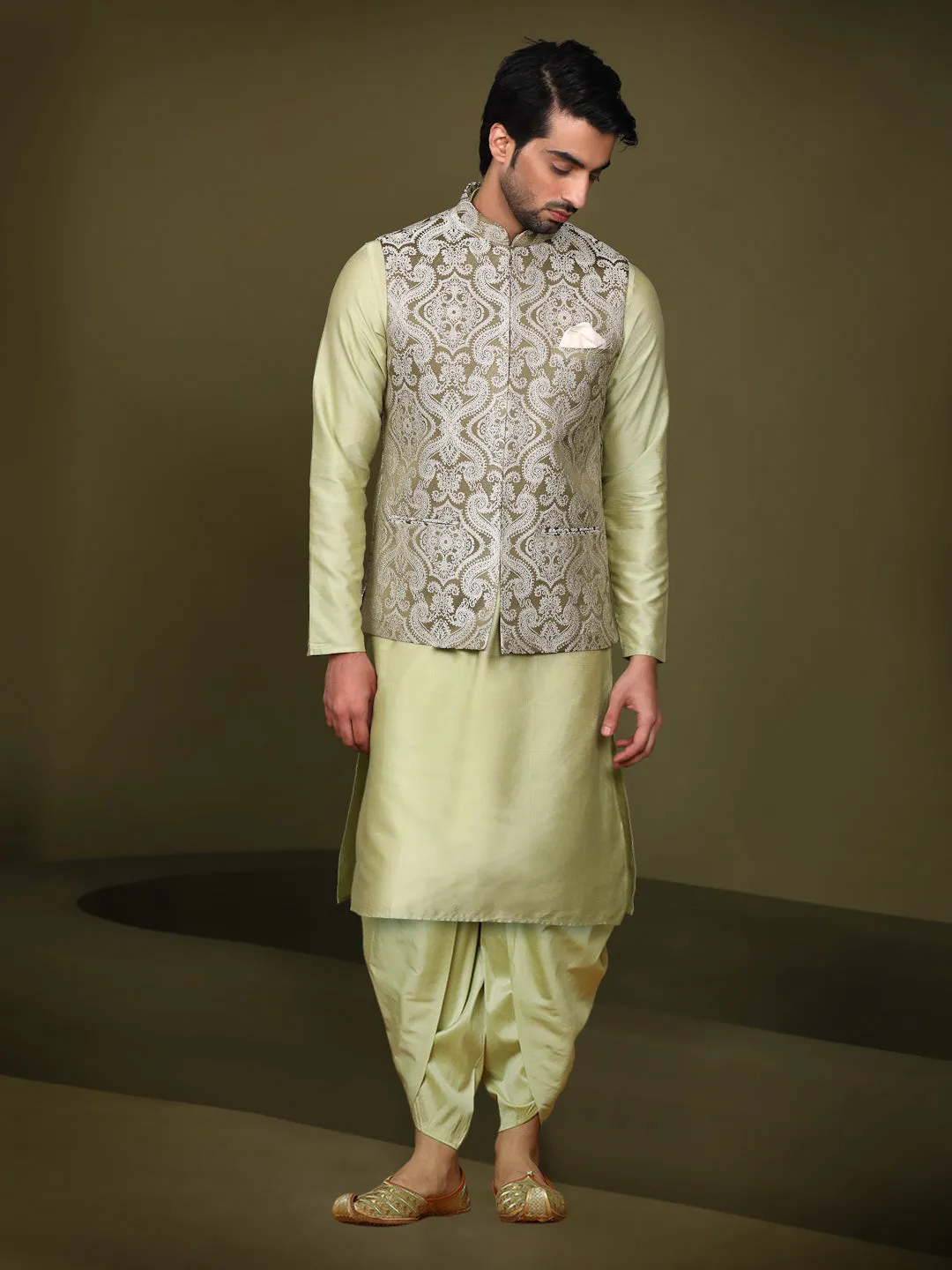 Men's Olive Kurta Jacket Dhoti Set