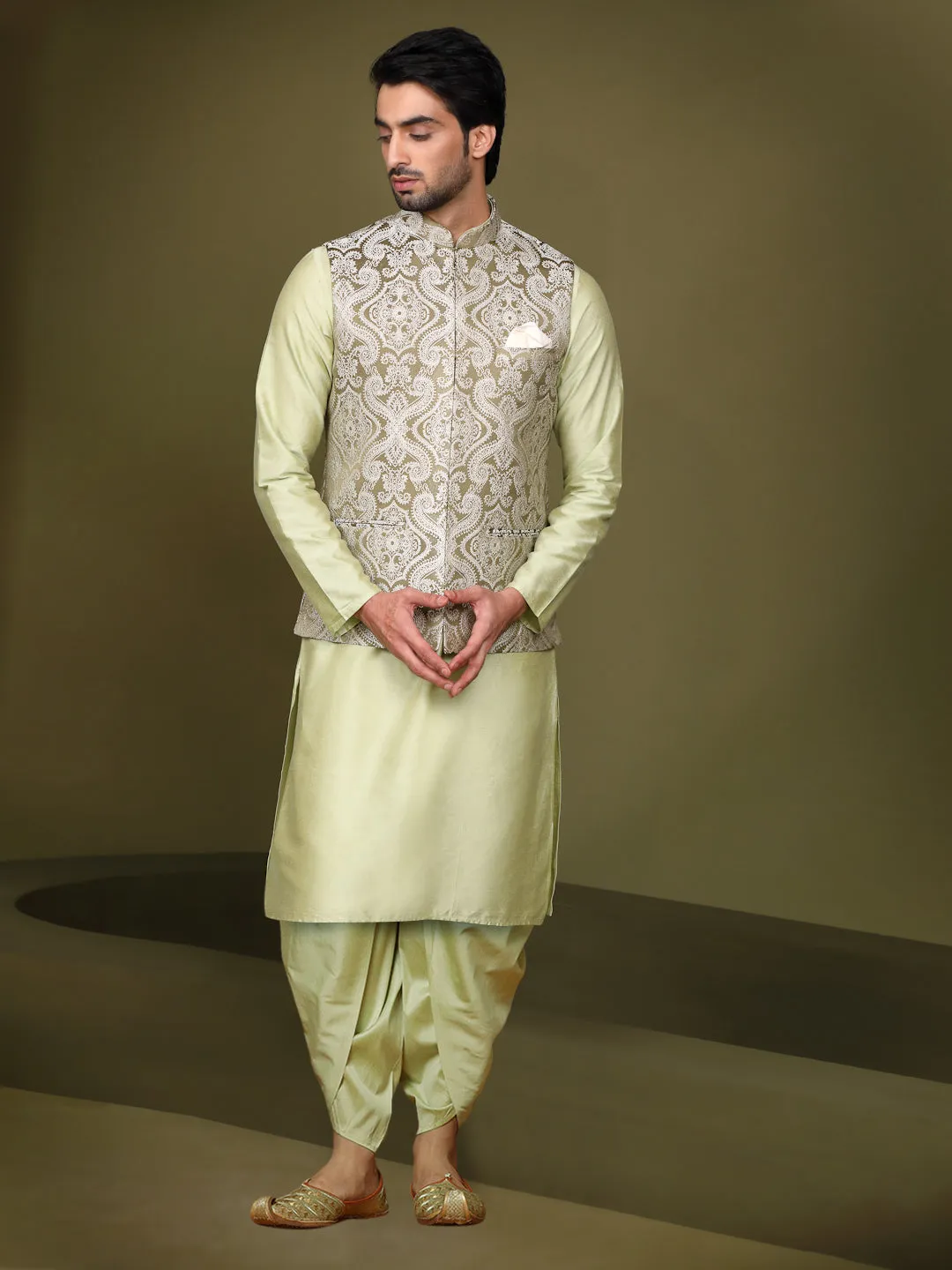 Men's Olive Kurta Jacket Dhoti Set