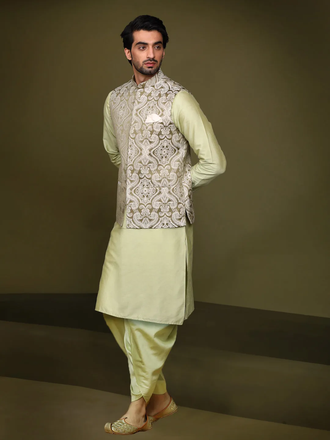 Men's Olive Kurta Jacket Dhoti Set