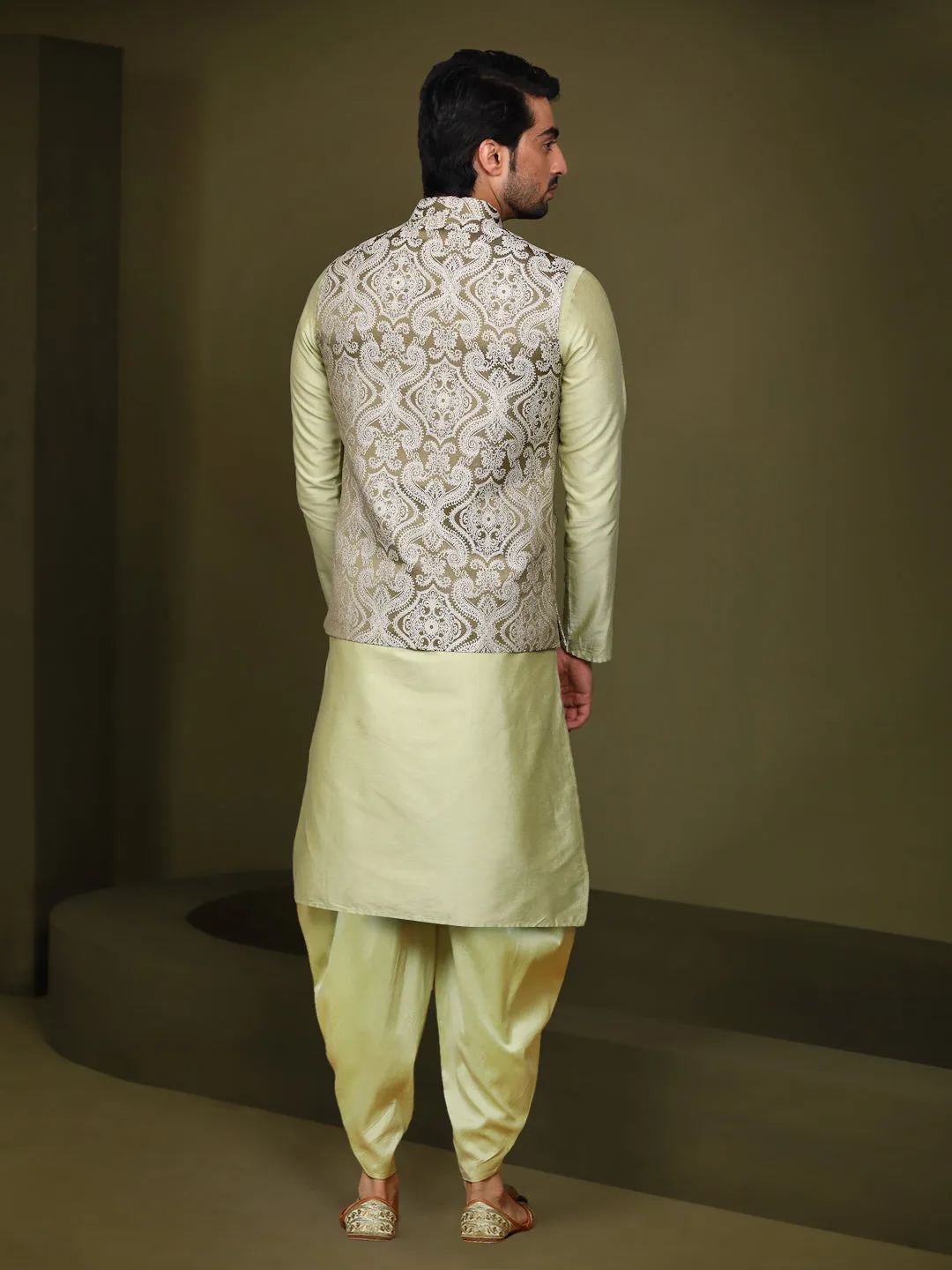 Men's Olive Kurta Jacket Dhoti Set