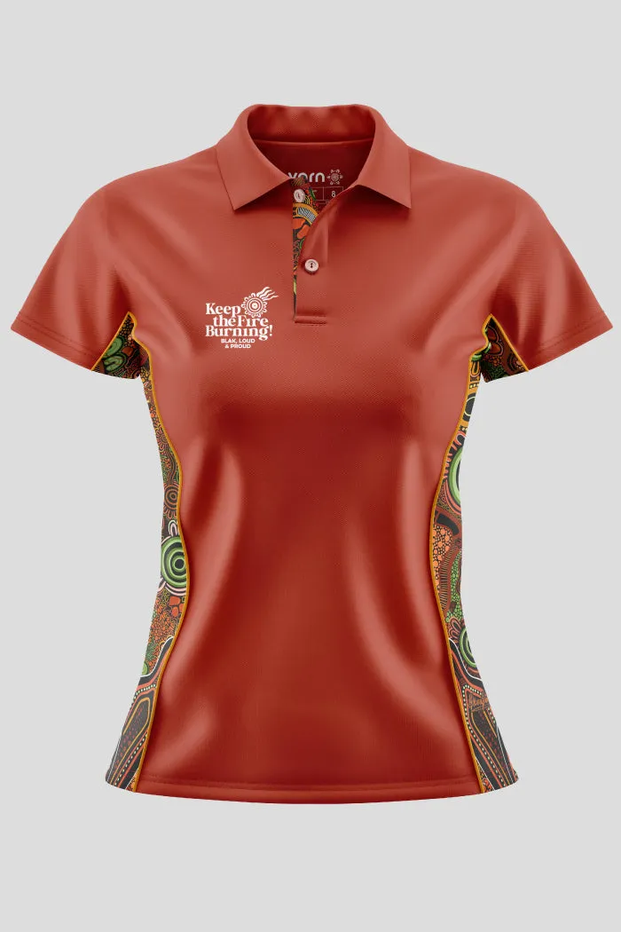 NAIDOC 2024 Aboriginal Art Ladies Fitted Ochre Red Bamboo Polo Proud & Deadly