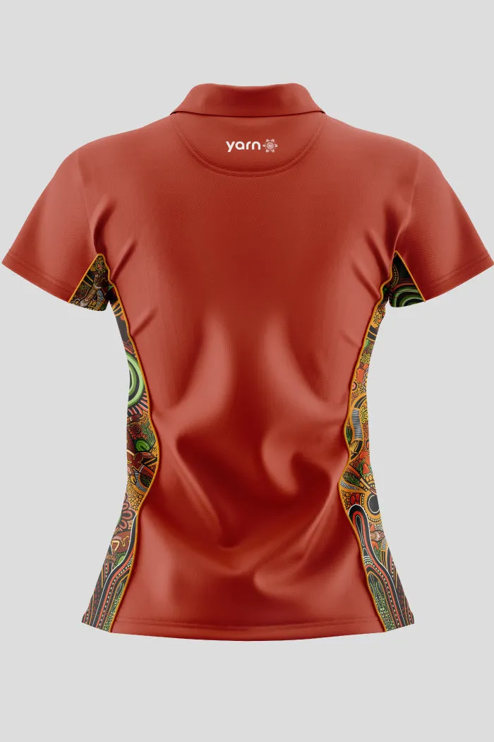 NAIDOC 2024 Aboriginal Art Ladies Fitted Ochre Red Bamboo Polo Proud & Deadly