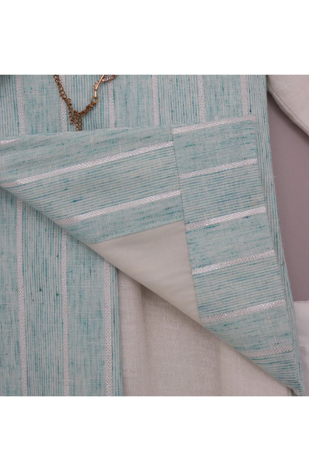 Off White Linen Kurta With Aqua Blue Jacket Set