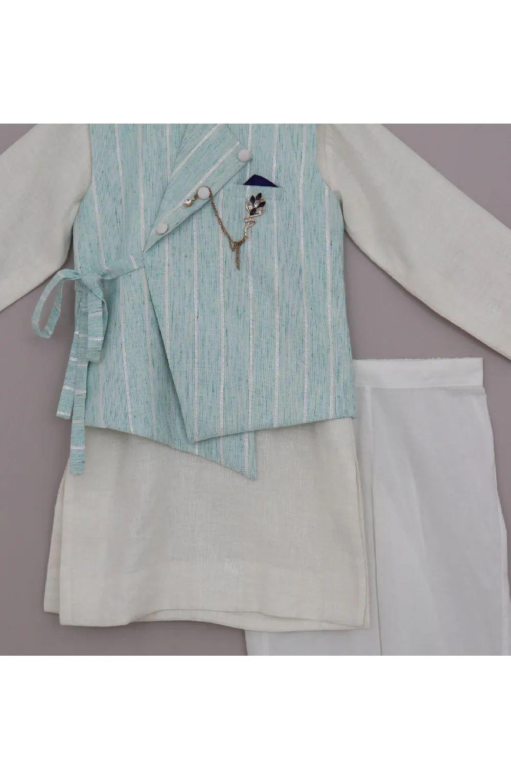 Off White Linen Kurta With Aqua Blue Jacket Set