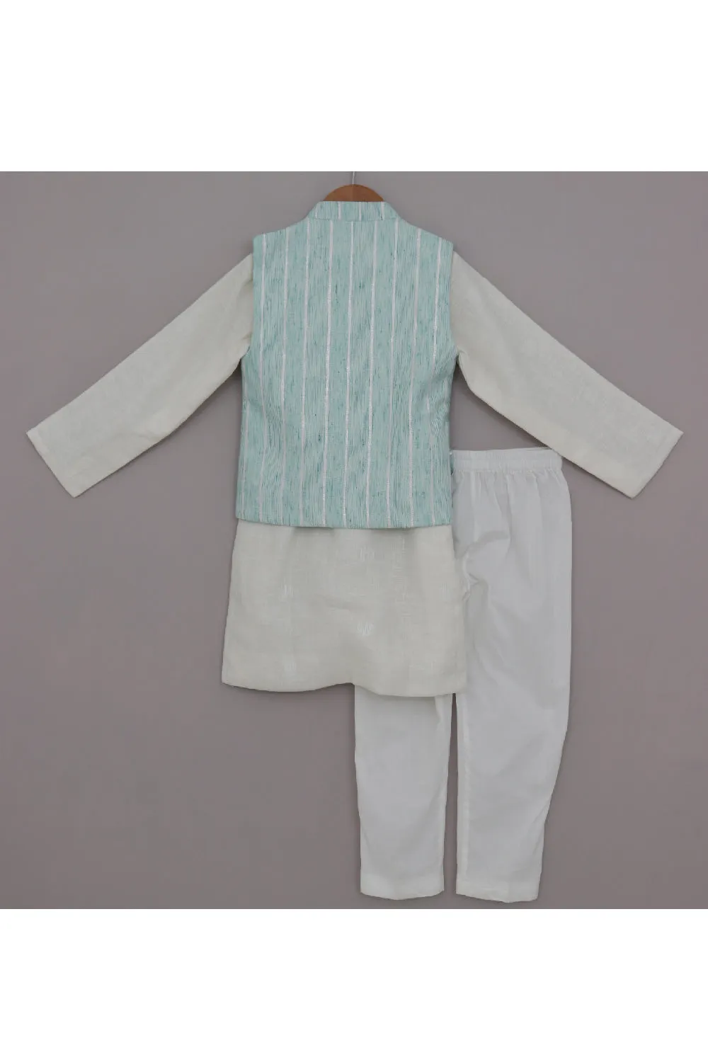 Off White Linen Kurta With Aqua Blue Jacket Set