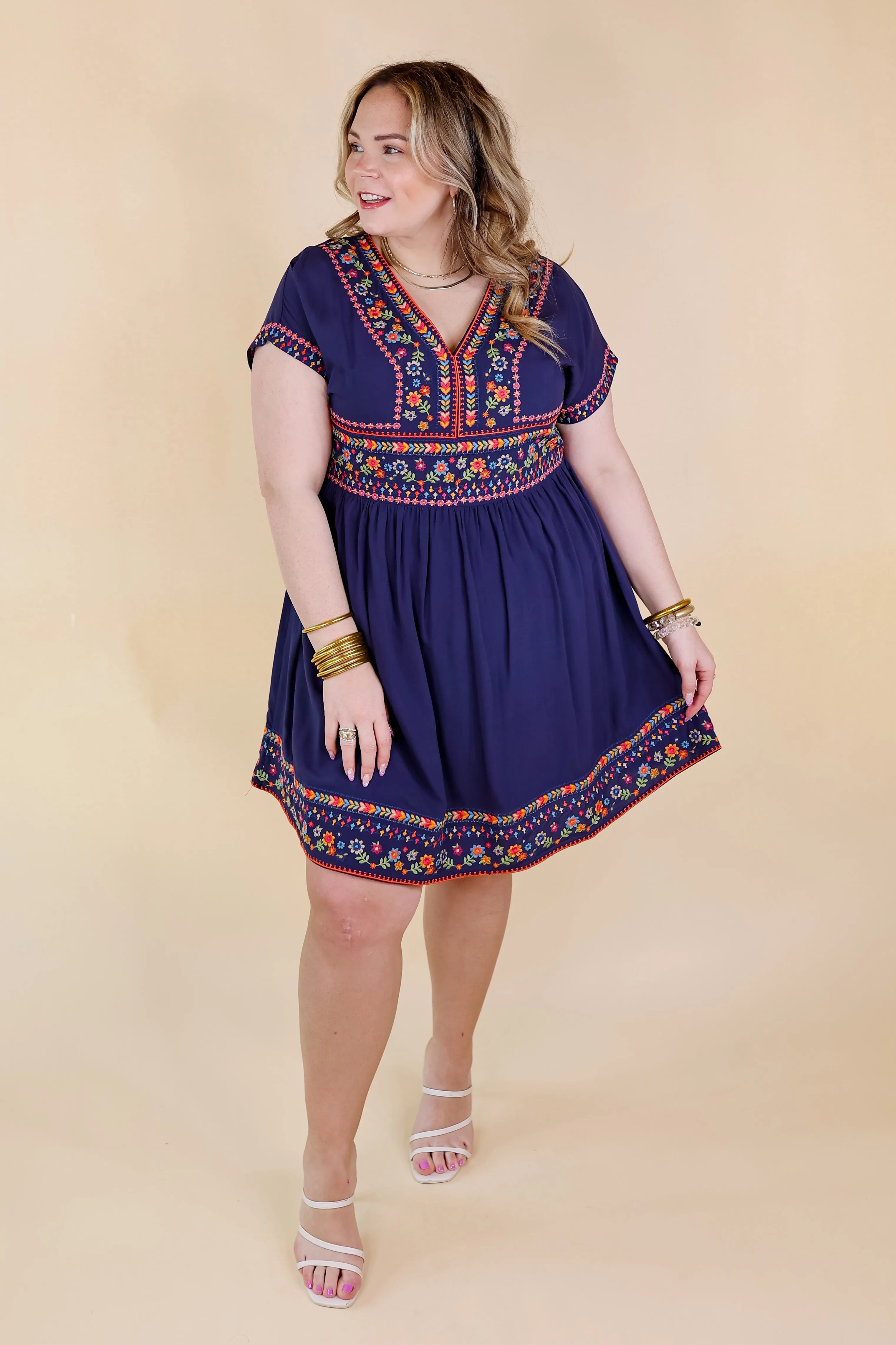 Passing Through V Neck Embroidered Dress with Short Sleeves in Navy Blue