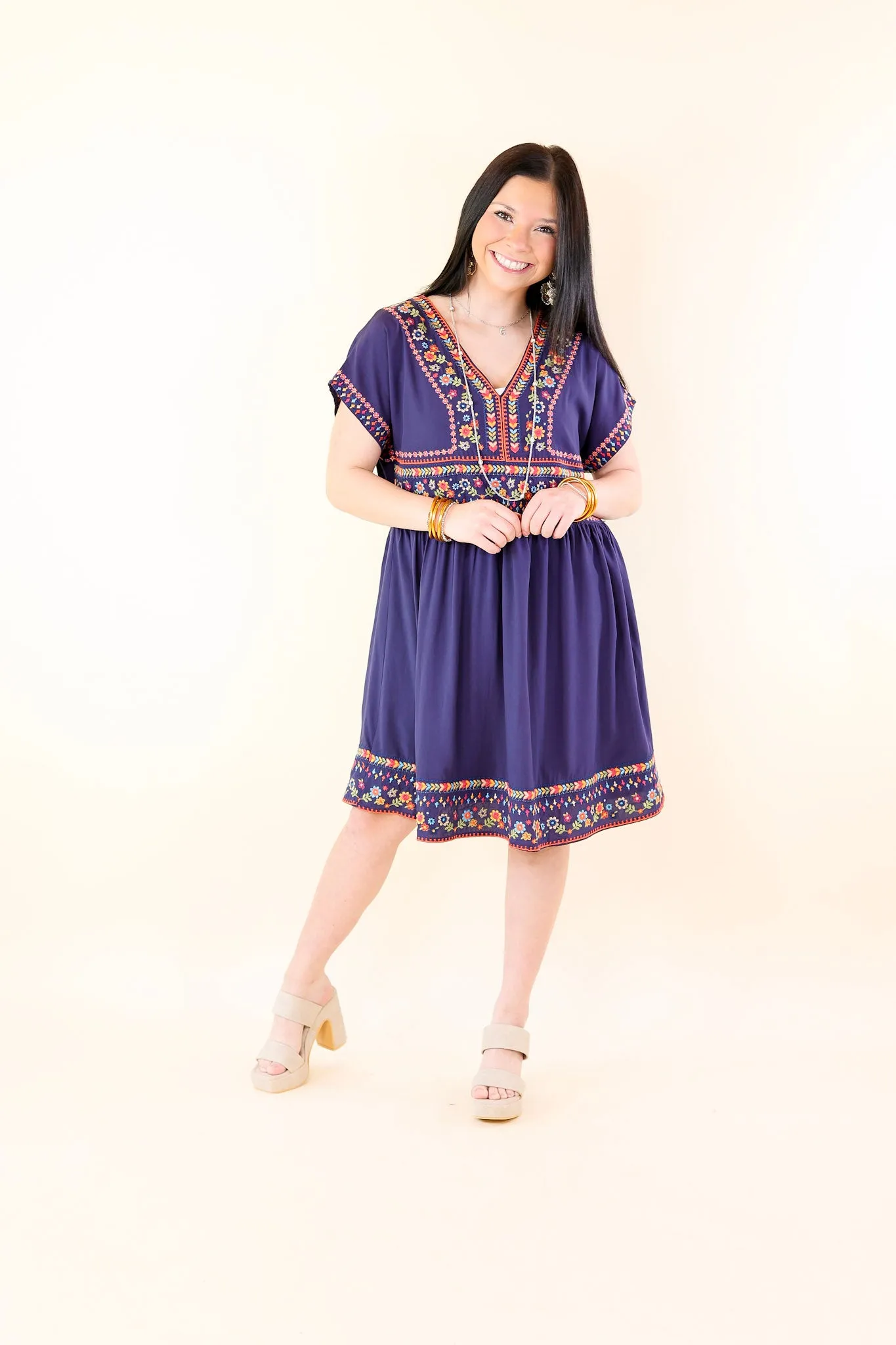 Passing Through V Neck Embroidered Dress with Short Sleeves in Navy Blue