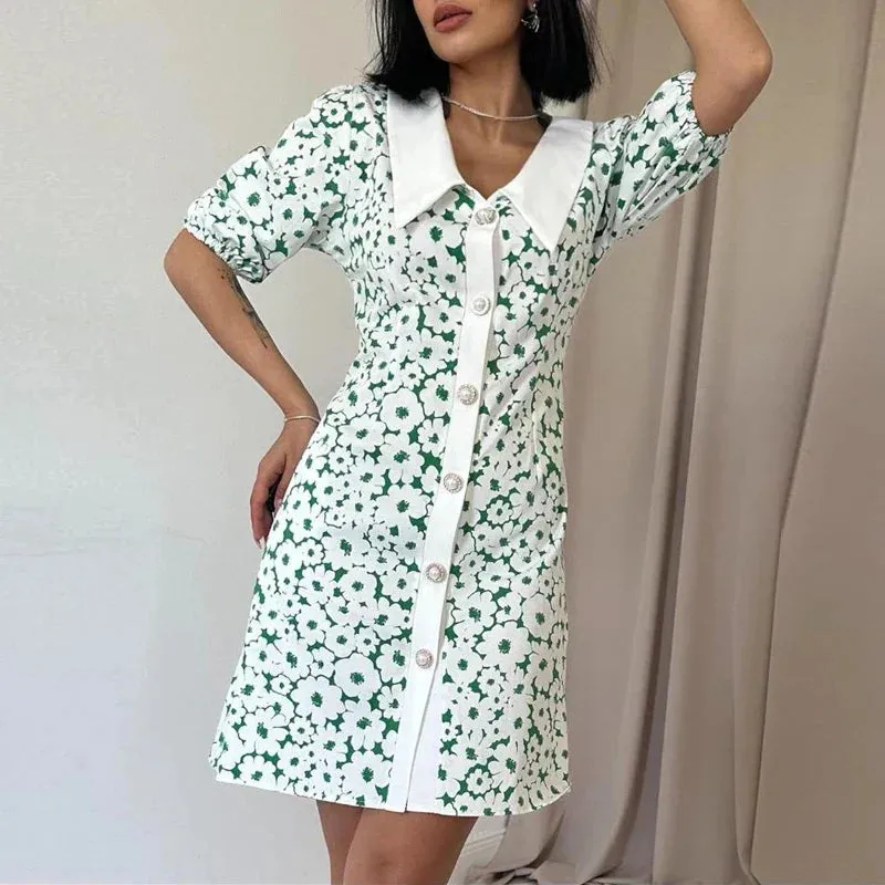 Polo Collar Fashion Print Elegant Short Sleeve Button Mini Floral Stitching Dress