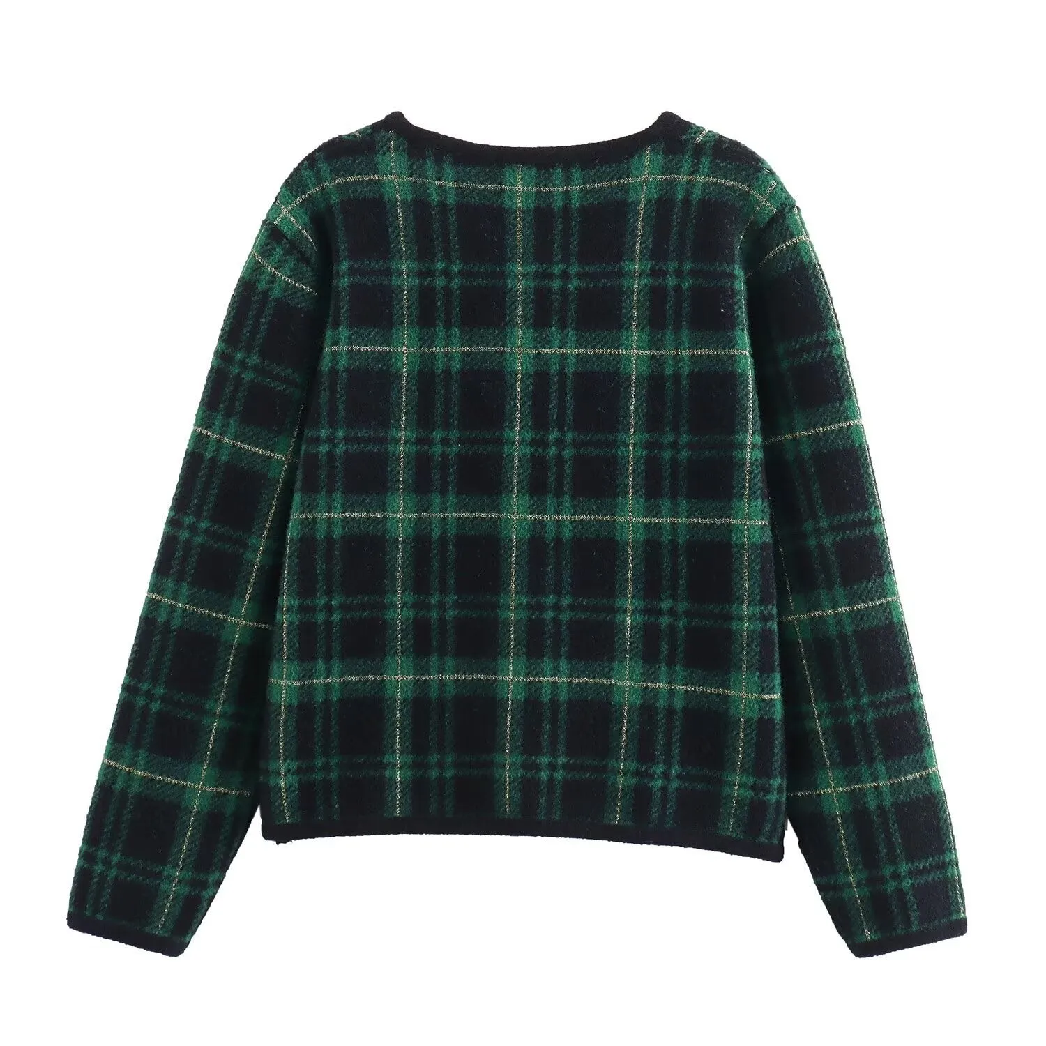 Pre Order: Green Checkered Double Breasted Knitted Cardigan