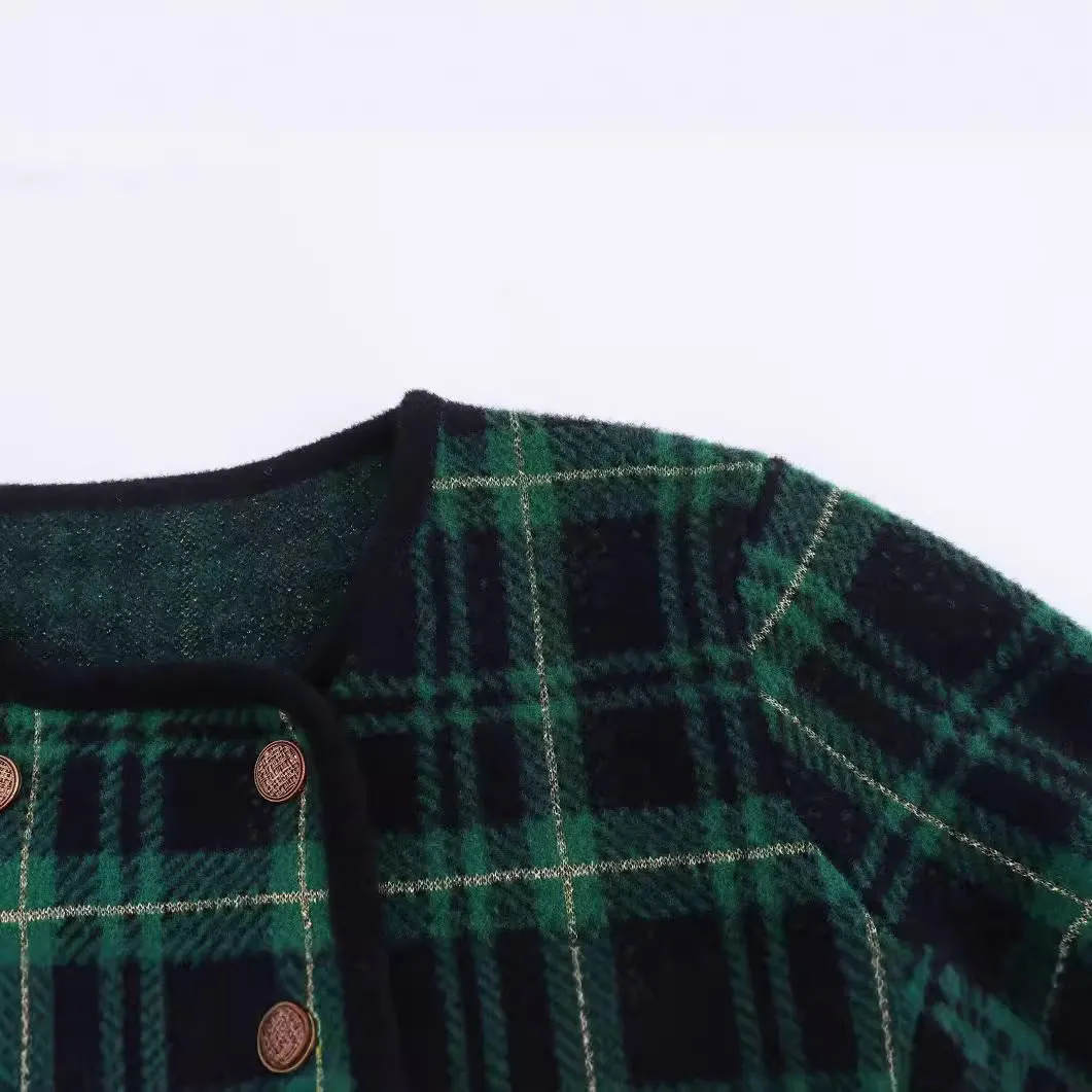 Pre Order: Green Checkered Double Breasted Knitted Cardigan