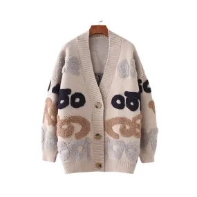 Pre Order:  Jacquard Knitted V-Neck Loose Cardigan