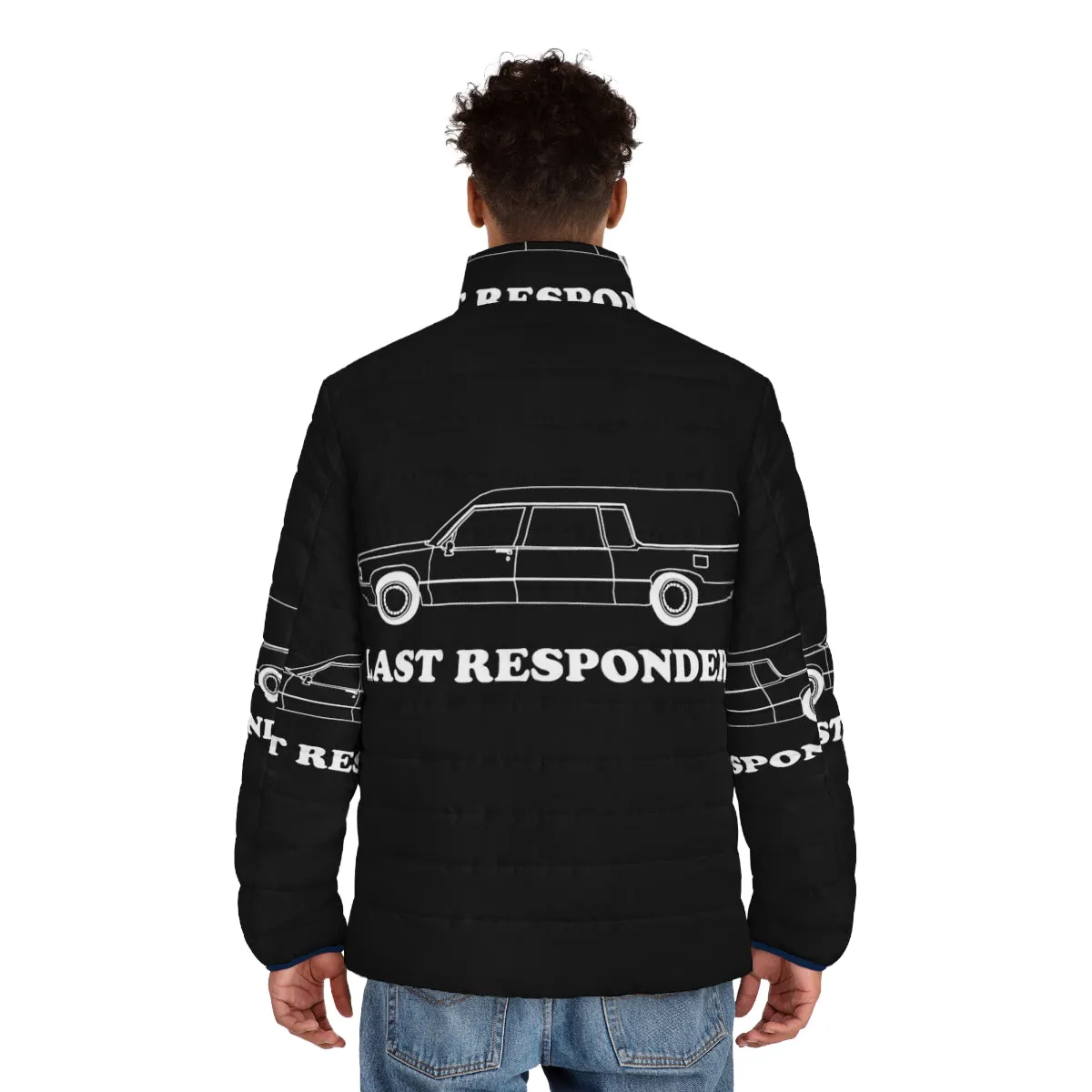 "Last Responder Puffer Jacket: A Funeral-Themed Jacket for Quirky Careers"