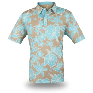 "Sketchy Floral Sandy Aqua" - OGA Men's Polo - Sand and Aqua