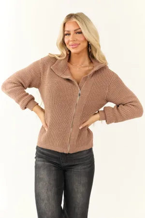 Rose Taupe Asymmetrical Collar Zip Up Jacket