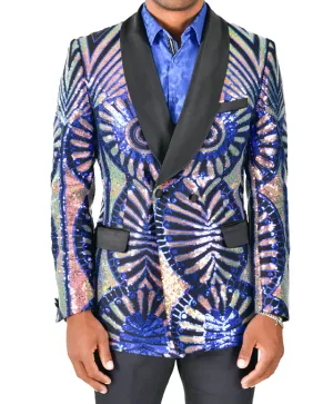 Royal Blue and Iridescent Sequin Double Breasted Tuxedo Jacket