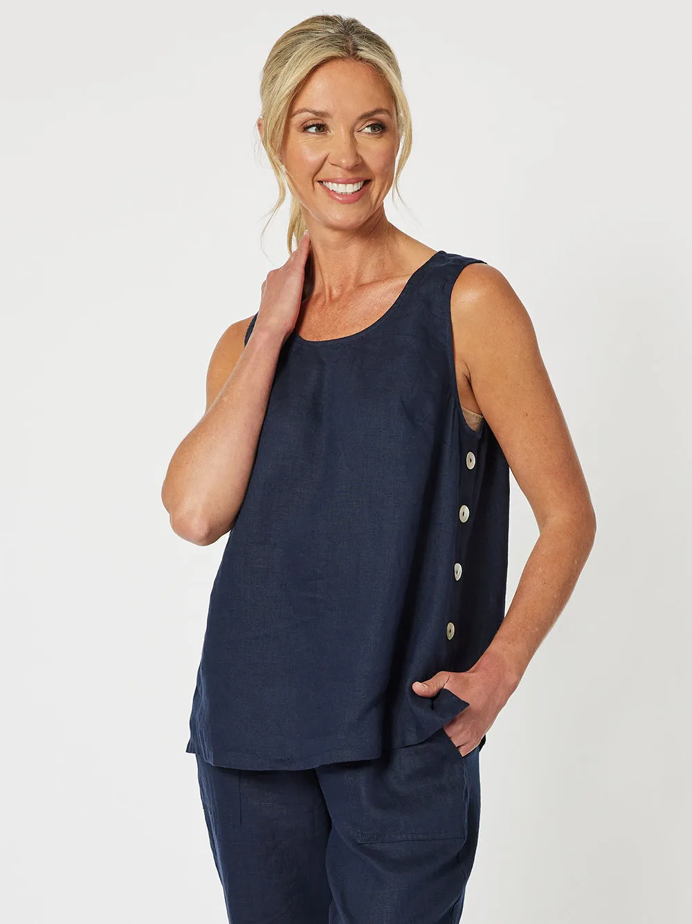 Sara Linen Side Button Cami - Navy