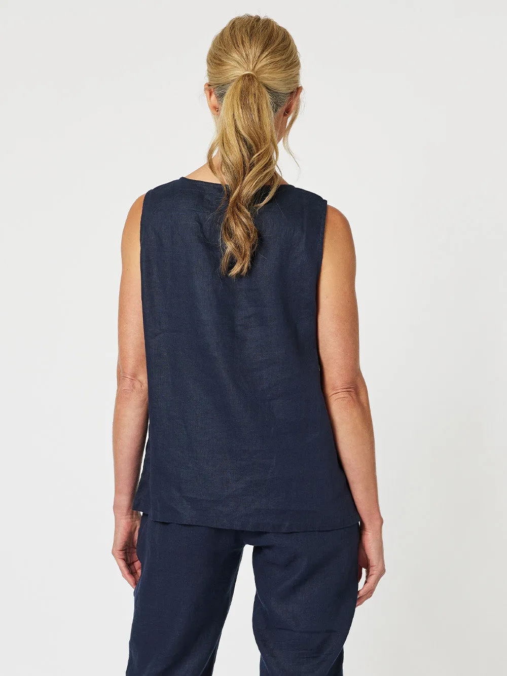 Sara Linen Side Button Cami - Navy