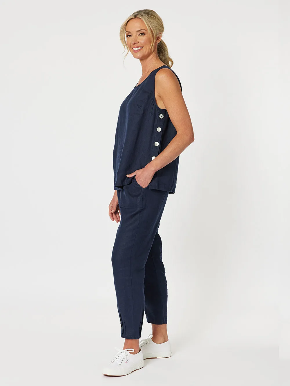 Sara Linen Side Button Cami - Navy