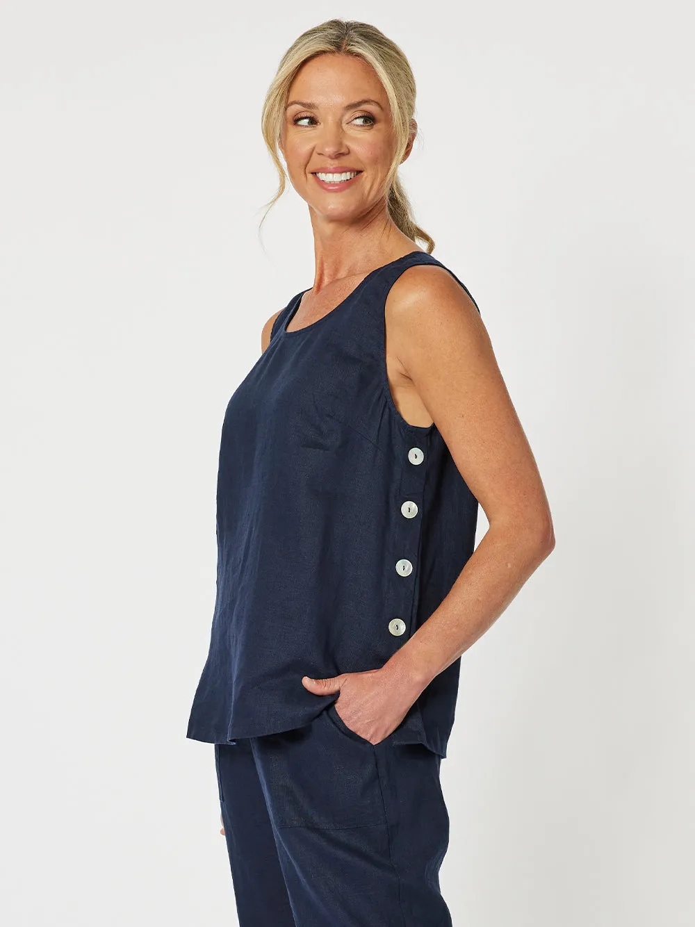 Sara Linen Side Button Cami - Navy