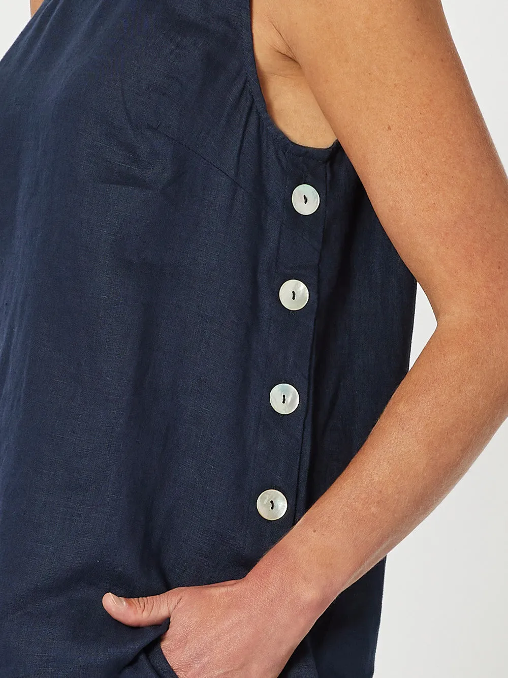 Sara Linen Side Button Cami - Navy