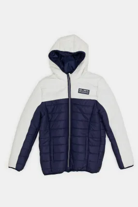 Senior Boys White And Navy Zip Thru Colorblock Puffer Jacket