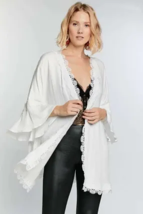 Solid with lace trim 3/4 sleeve open front kimono cardigan