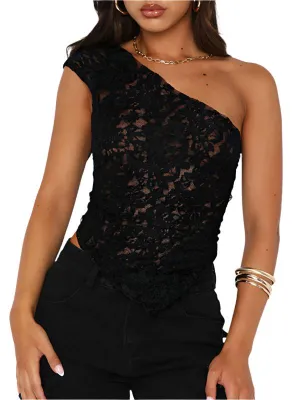 TEEK - Black Lace Slope Neck Backless Tie Up Top