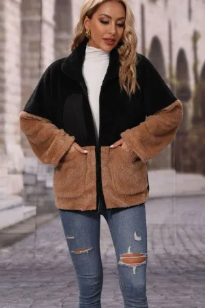 Two-Tone Zip-Up Teddy Jacket with Pockets