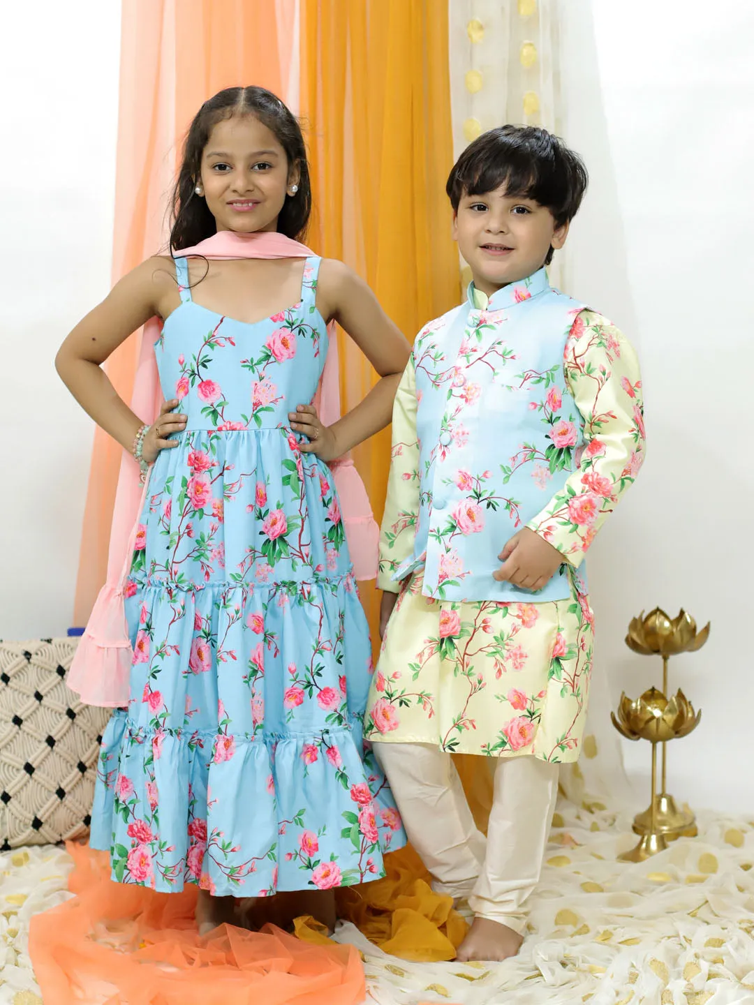 VASTRAMAY Aqua Cotton Blend Floral Print Sibling Set