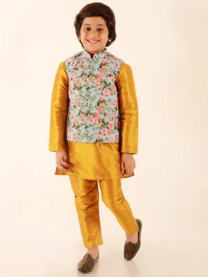 Vastramay Boy's Aqua Floral Printed Nehru Jacket With Mustard Kurta And Pyjama Set