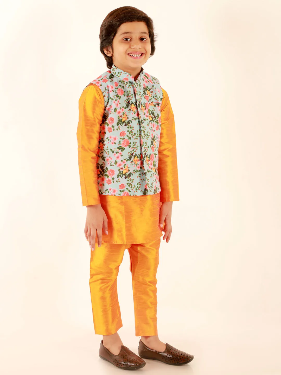 Vastramay Boy's Aqua Floral Printed Nehru Jacket With Mustard Kurta And Pyjama Set