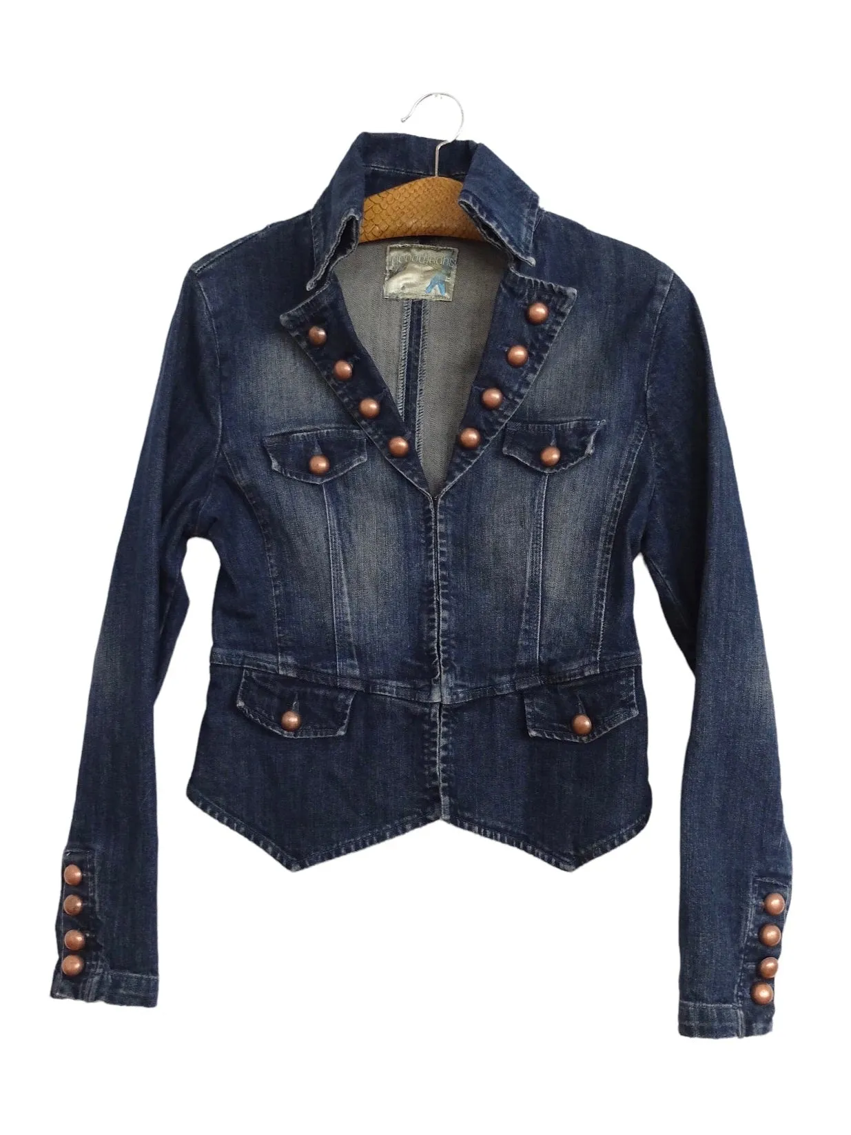 Vintage 00s Y2K Chic Avant-Garde Feminine Studded Dark Wash Denim Jean Jacket with Hook & Loop Closures | Women’s Size S