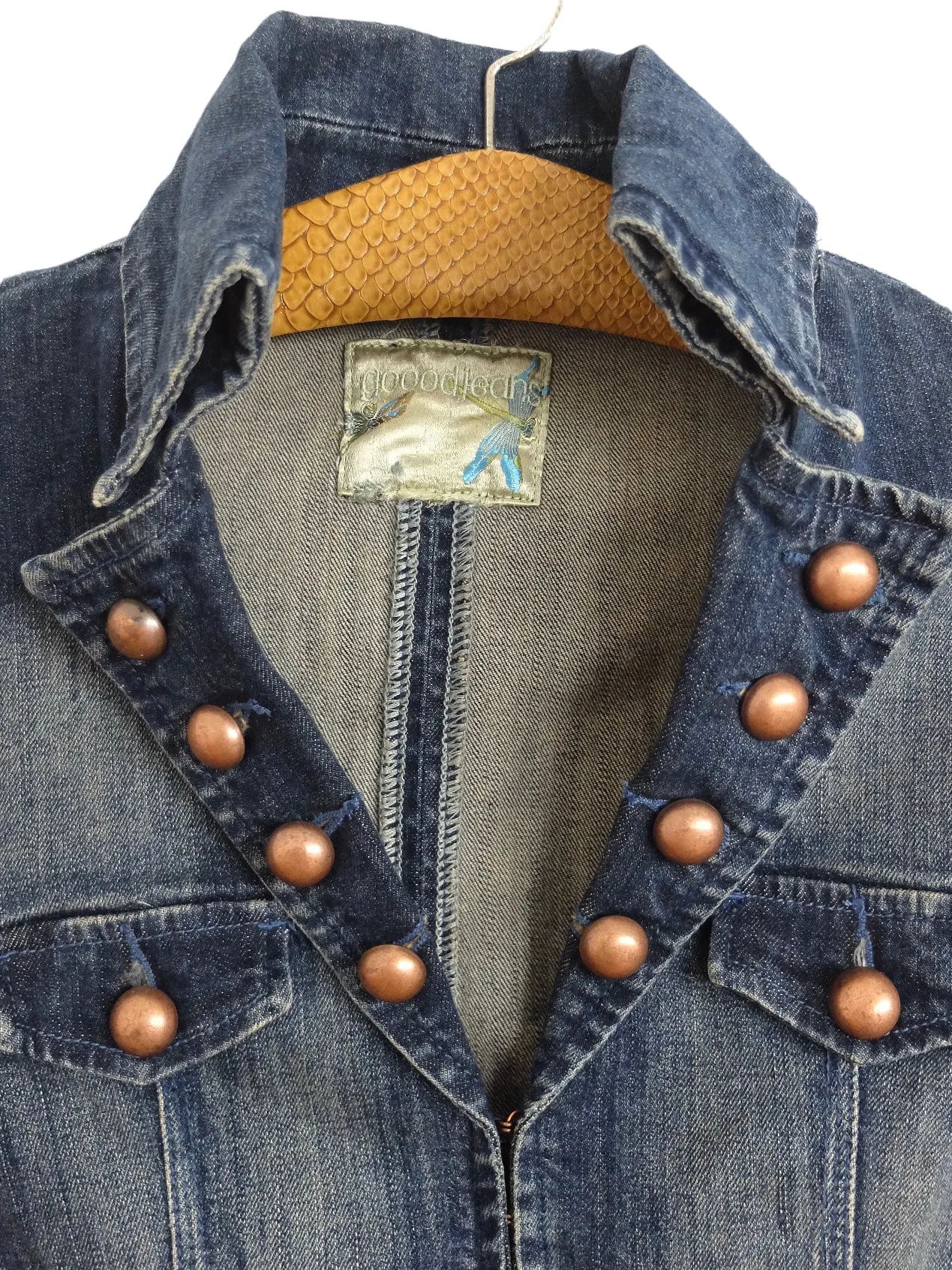 Vintage 00s Y2K Chic Avant-Garde Feminine Studded Dark Wash Denim Jean Jacket with Hook & Loop Closures | Women’s Size S