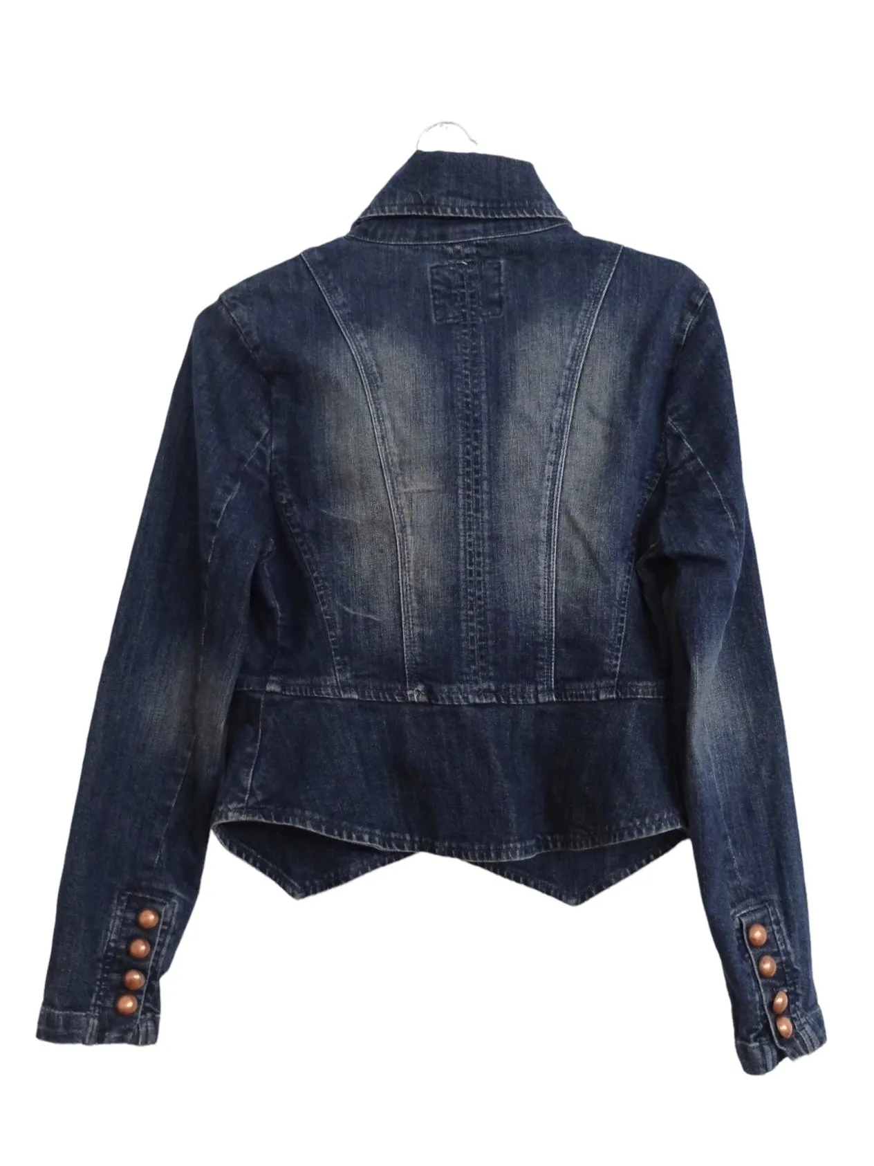 Vintage 00s Y2K Chic Avant-Garde Feminine Studded Dark Wash Denim Jean Jacket with Hook & Loop Closures | Women’s Size S